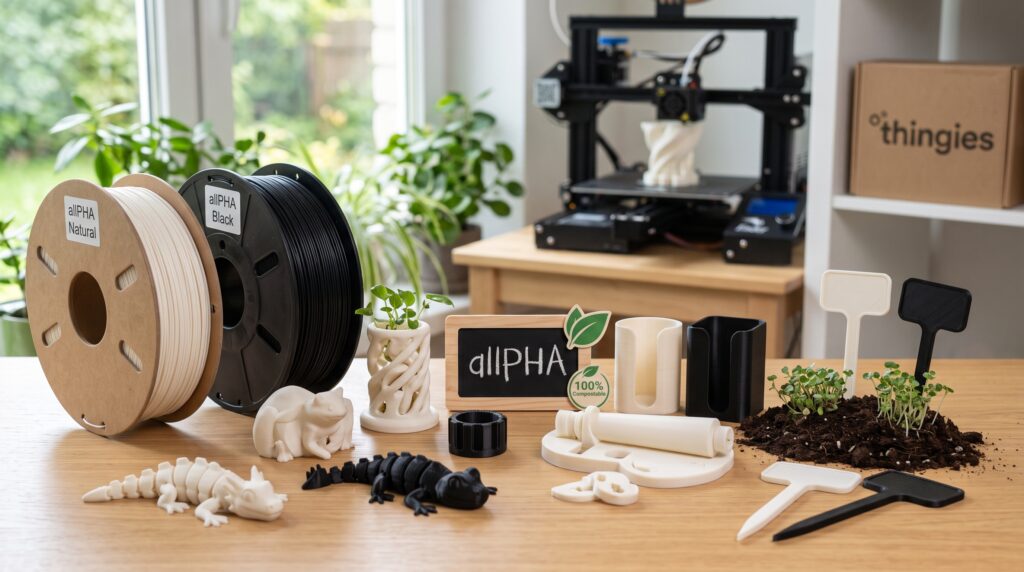 Komposteeritavast allPHA bioplastikust 3D prinditud loodussõbralikud esemed, naturaalvalged ja mustad materjalirullid ning istikud | thingies
