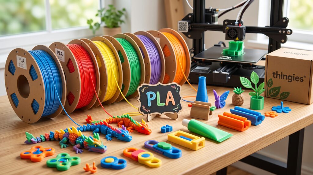 Keskkonnasõbralikust PLA plastikust 3D prinditud esemed, värvilised materjalirullid ja töötav 3D printer töökojas | thingies